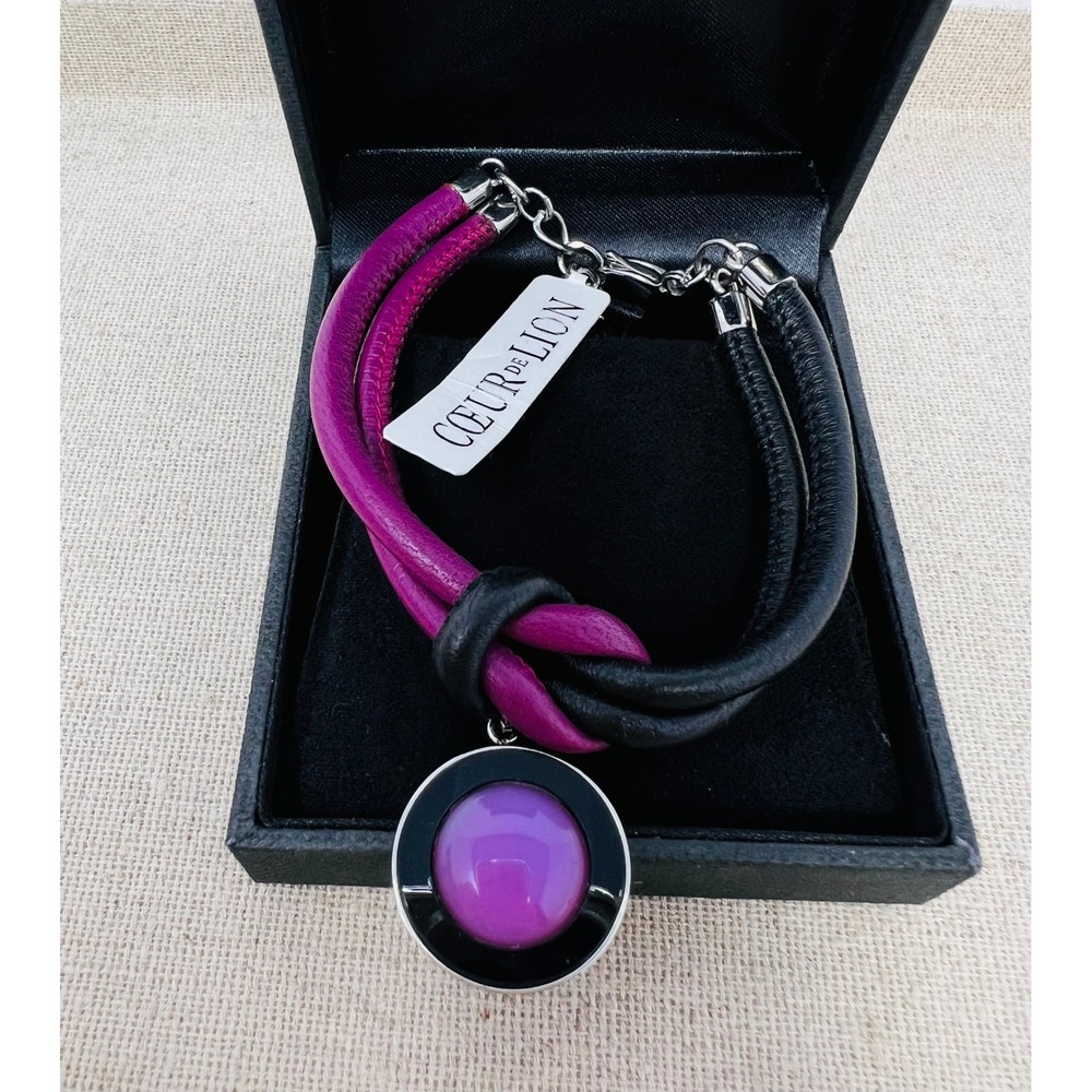 Coeur De Lion Magenta Black Leather Knotted Purple Stainless Steel Bracelet